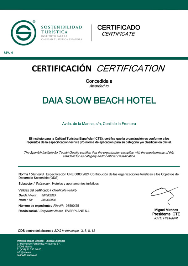 Daia Conil obtiene el certificado ‘S’ de Sostenibilidad Turística